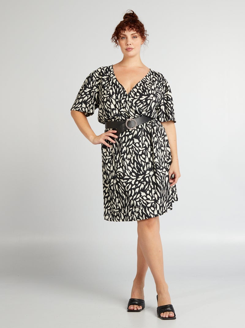 Vestido trespassado crepe com motivo PRETO - Kiabi