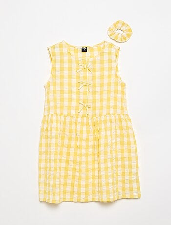 Vestido vichy de manga curta com laço + scrunchie