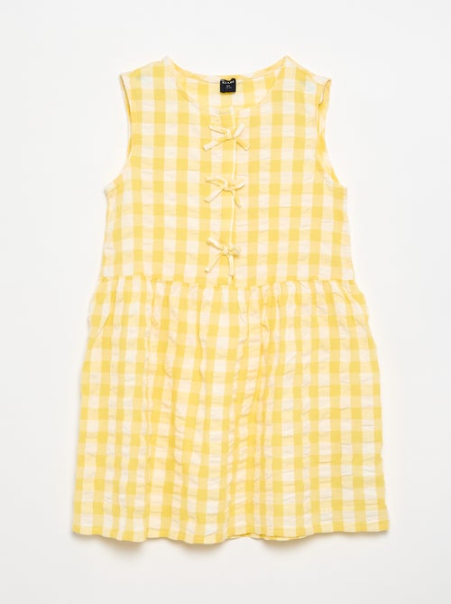 Vestido vichy de manga curta com laço + scrunchie - Kiabi