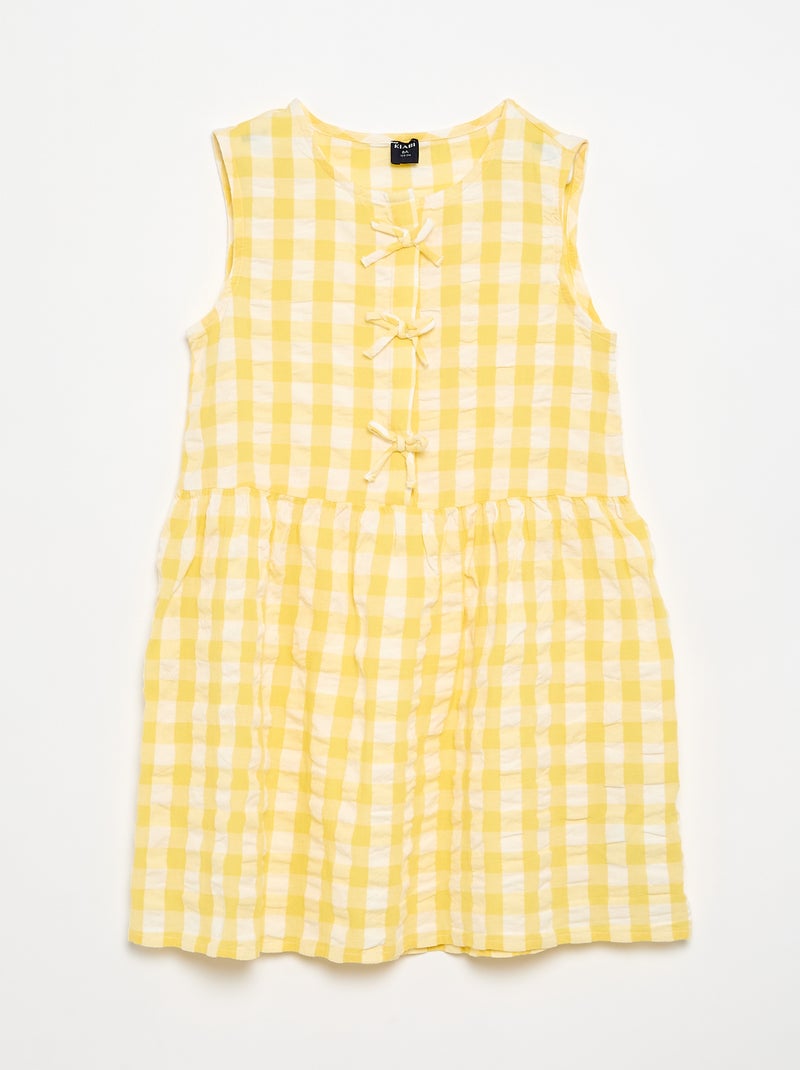 Vestido vichy de manga curta com laço + scrunchie Amarelo - Kiabi