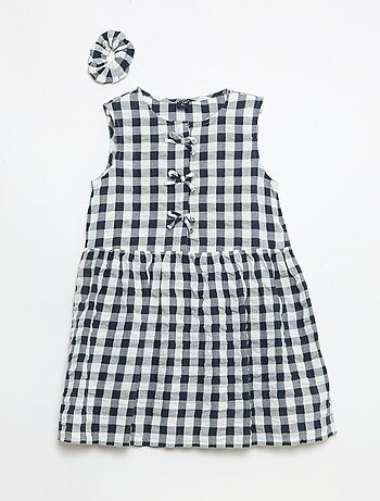 Vestido vichy de manga curta com laço + scrunchie