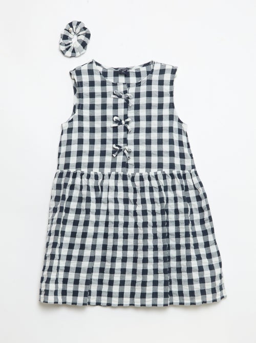 Vestido vichy de manga curta com laço + scrunchie - Kiabi