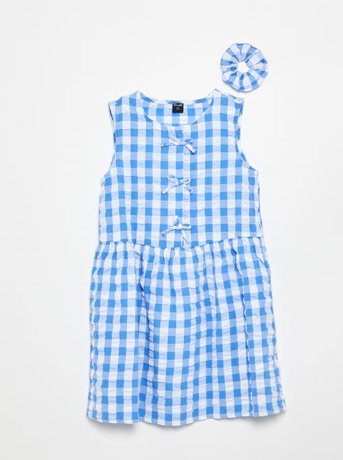 Vestido vichy de manga curta com laço + scrunchie - Kiabi