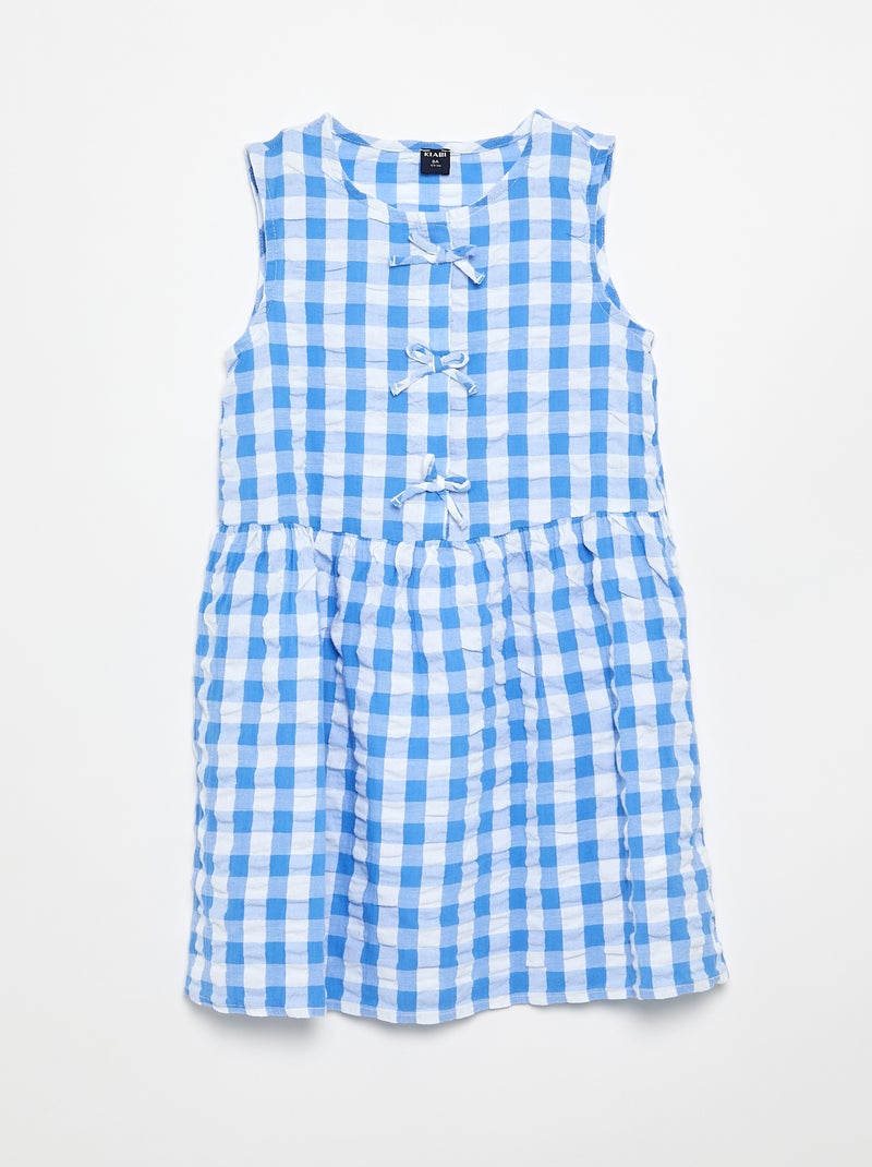 Vestido vichy de manga curta com laço + scrunchie Azul - Kiabi