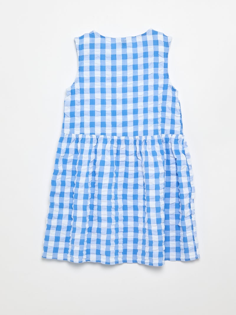 Vestido vichy de manga curta com laço + scrunchie Azul - Kiabi