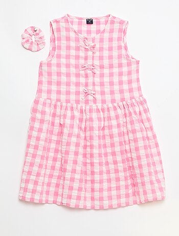 Vestido vichy de manga curta com laço + scrunchie
