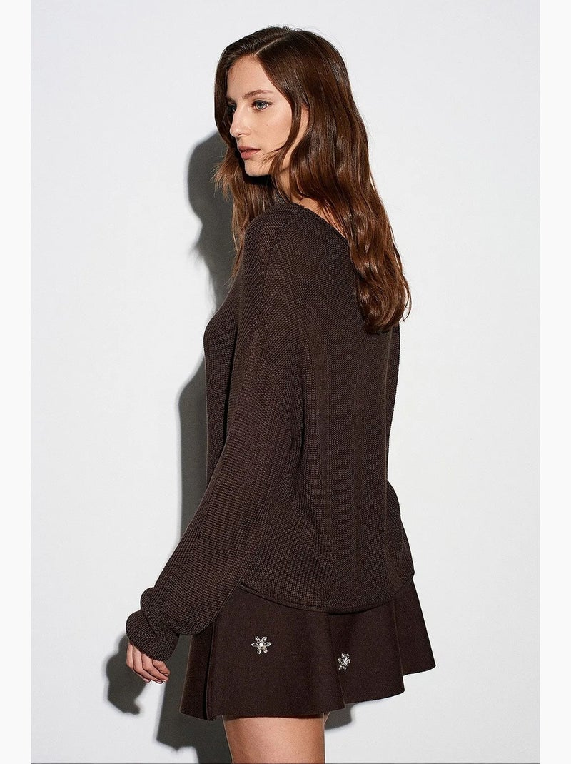Women's camisola de malha canelada com decote barco dilvin Castanho-chocolate - Kiabi