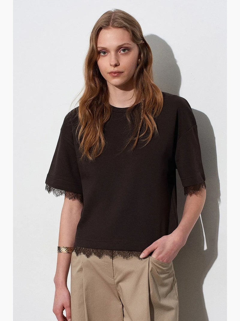 Women's t-shirt de algodão com elastano e decote redondo dilvin Castanho-escuro - Kiabi