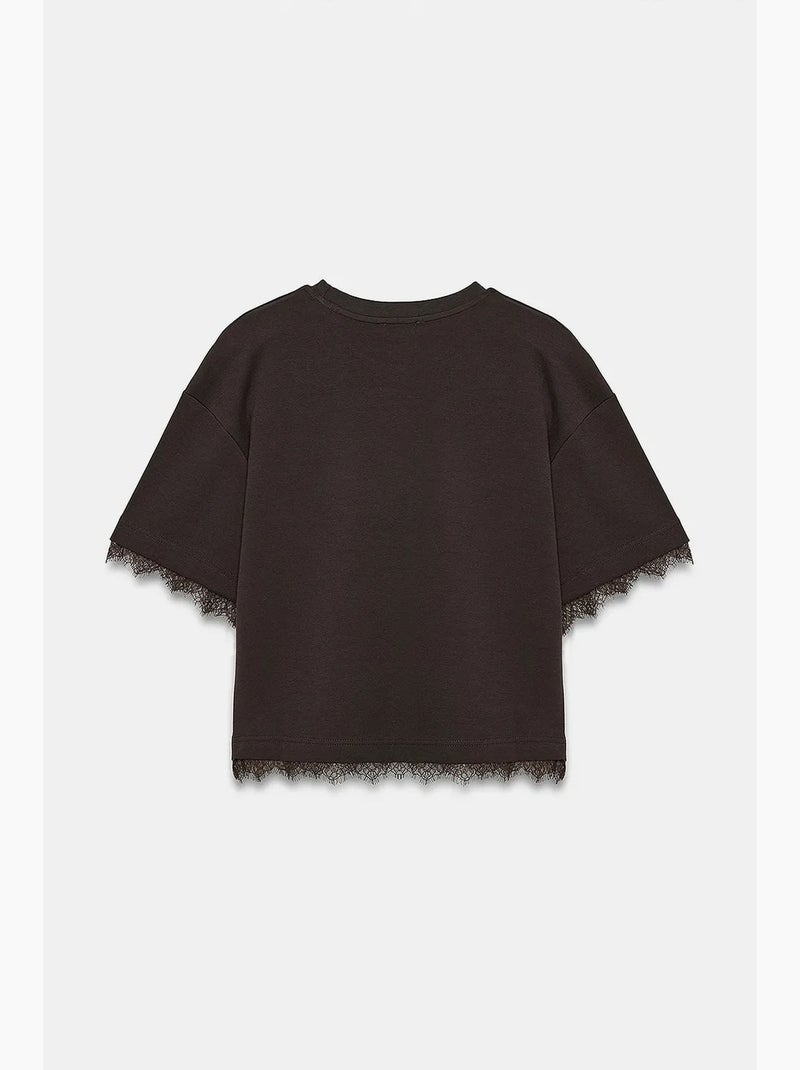 Women's t-shirt de algodão com elastano e decote redondo dilvin Castanho-escuro - Kiabi