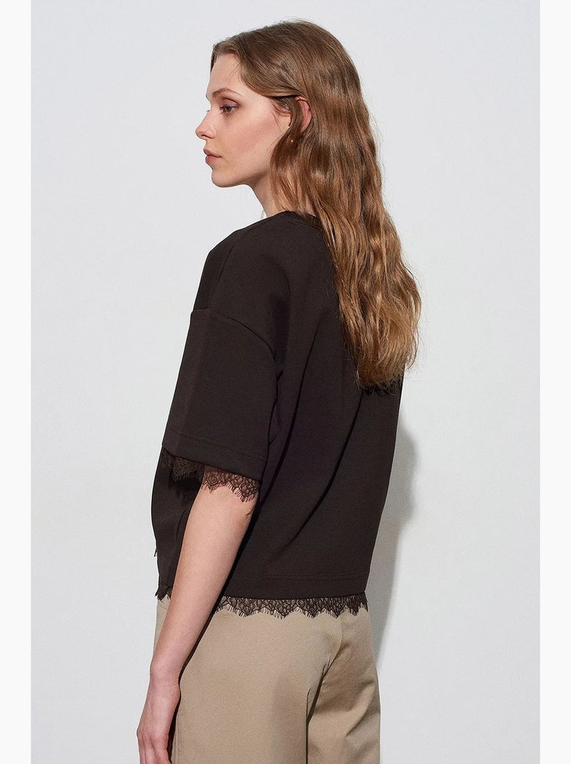 Women's t-shirt de algodão com elastano e decote redondo dilvin Castanho-escuro - Kiabi
