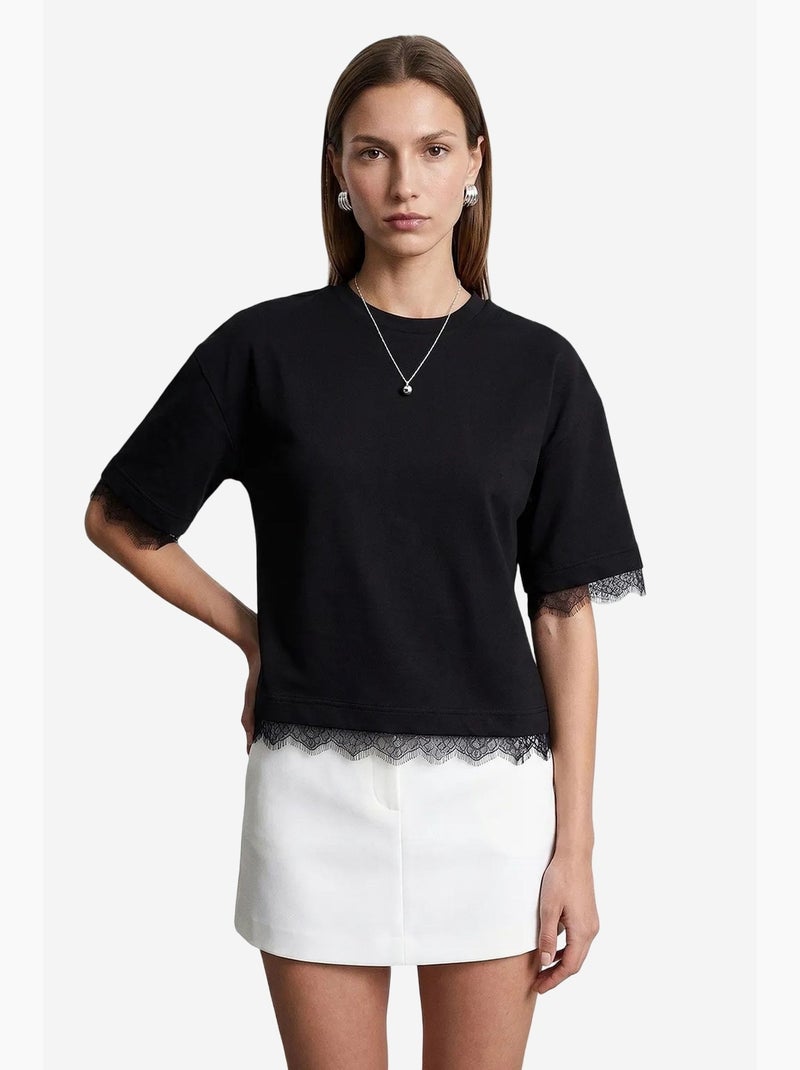 Women's t-shirt de algodão com elastano e decote redondo dilvin Preto - Kiabi