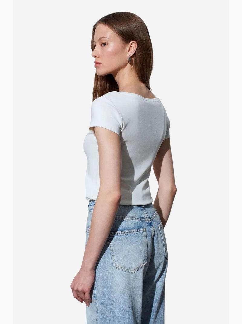 Women's t-shirt de algodão slim fit com decote em u dilvin Ecru - Kiabi