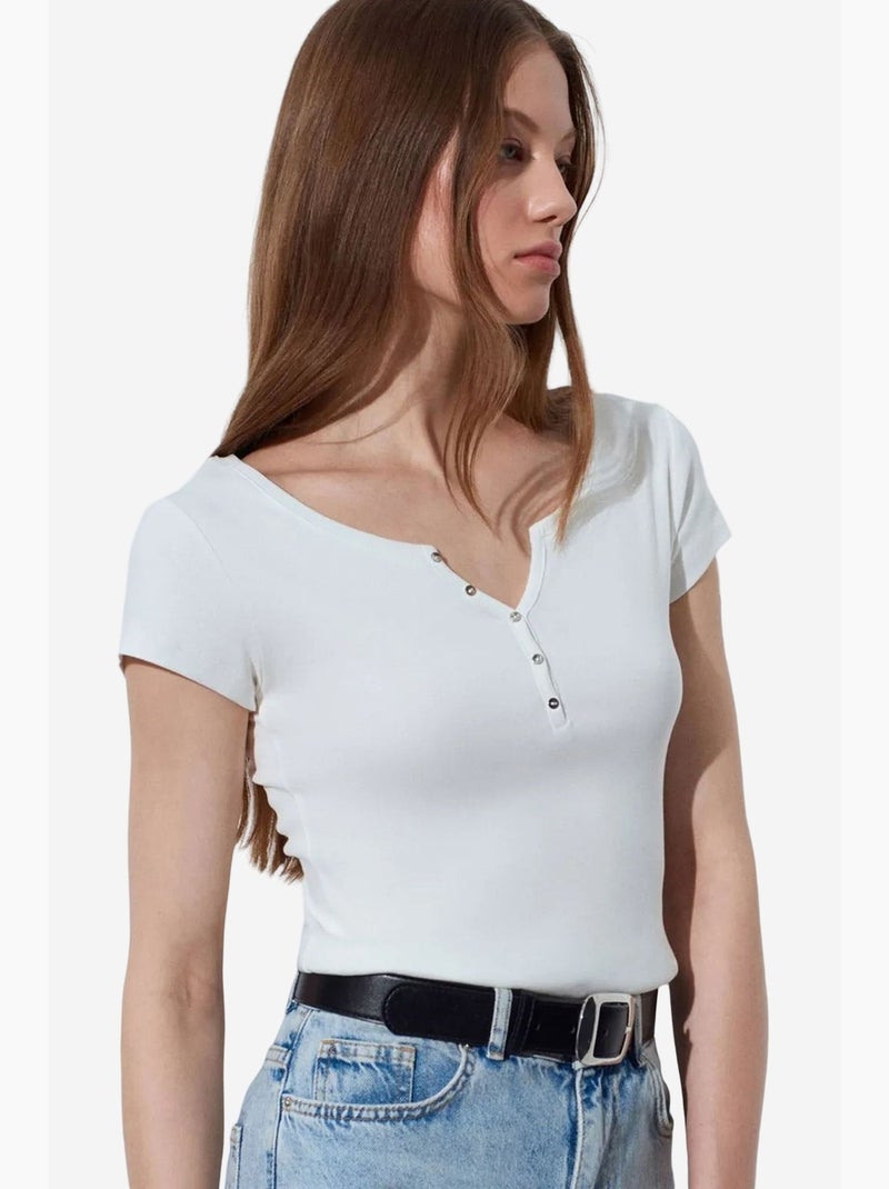 Women's t-shirt de algodão slim fit com decote em u dilvin Ecru - Kiabi